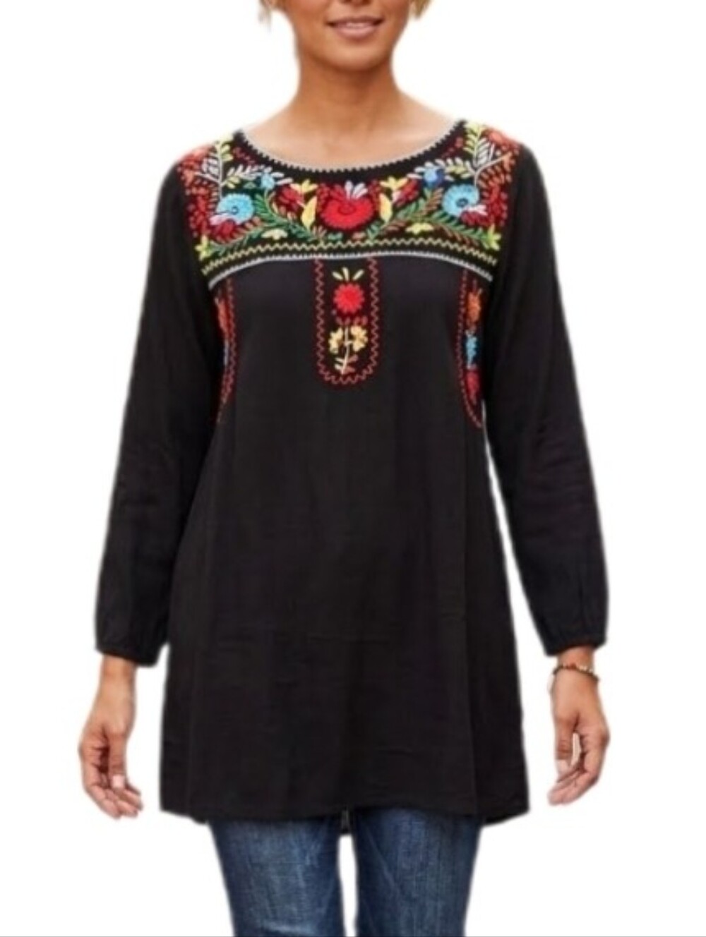 Jodifl Dress Boho Peasant Tunic-Length Black Size S